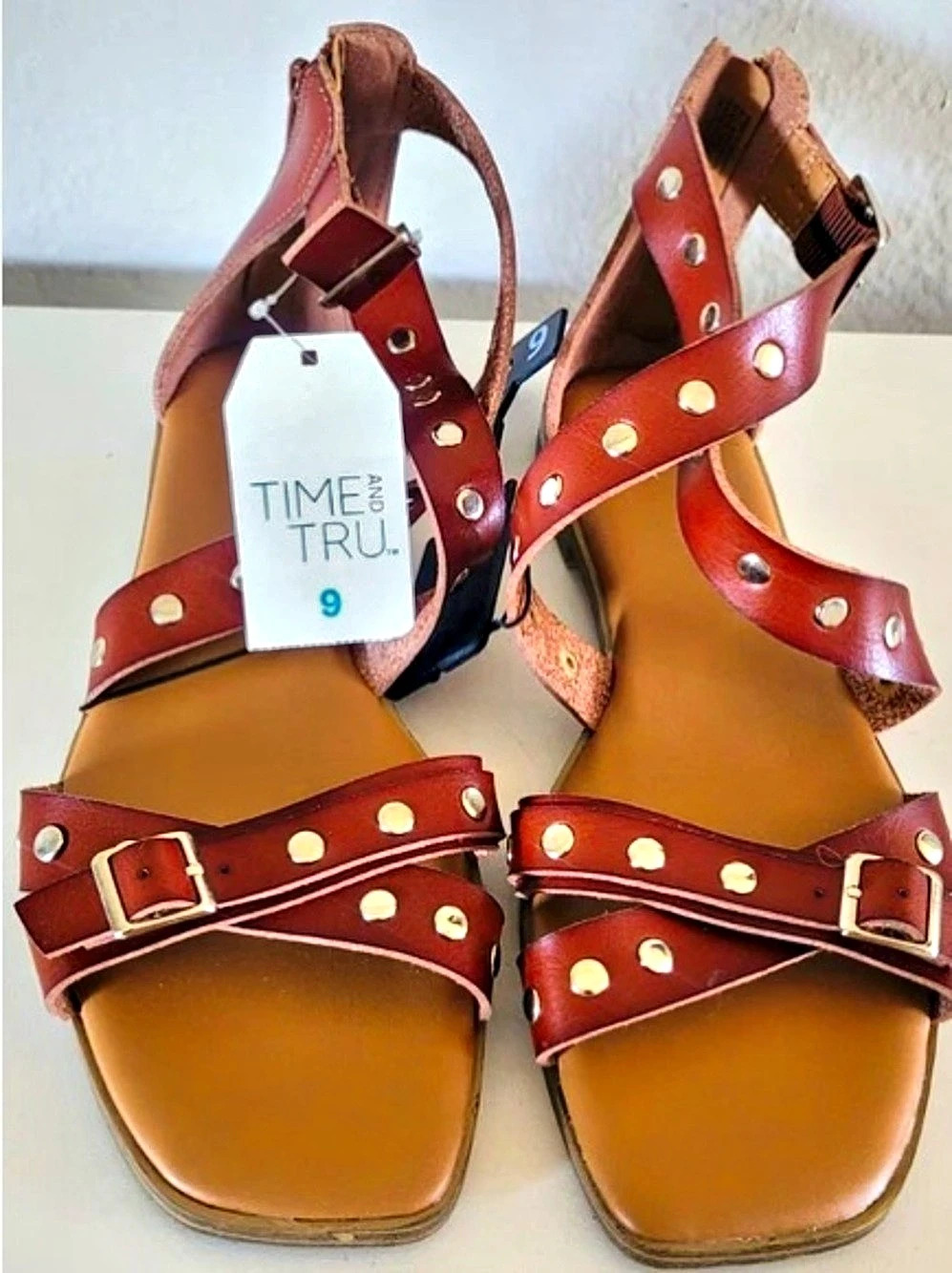 Time and Tru Studded Strappy Sandals Brown US 9 Like New